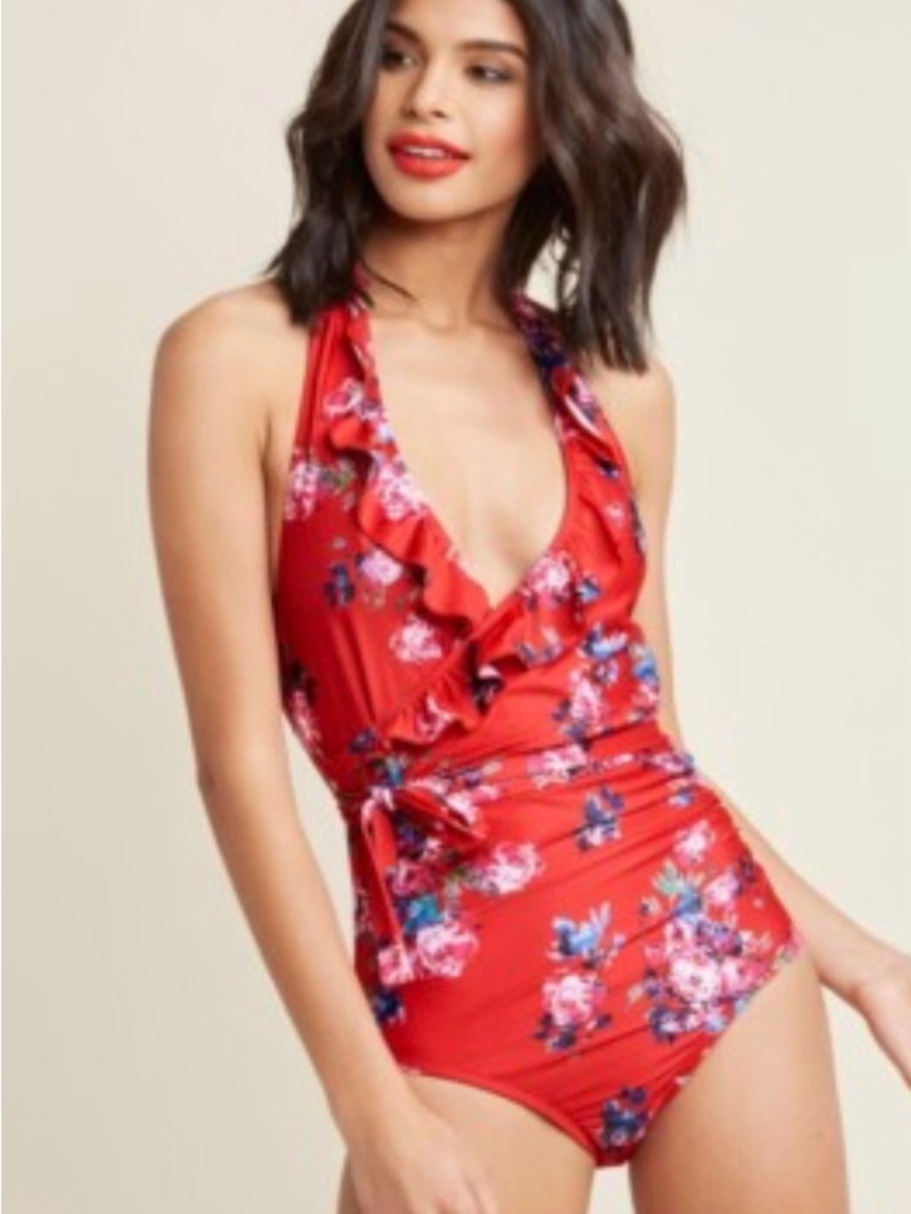 HighDive by Modcloth Red Floral Halter One-Piece Swimsuit Sz L